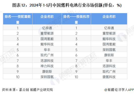 图表12：2024年1-5月中国燃料电池行业市场份额(单位：%)