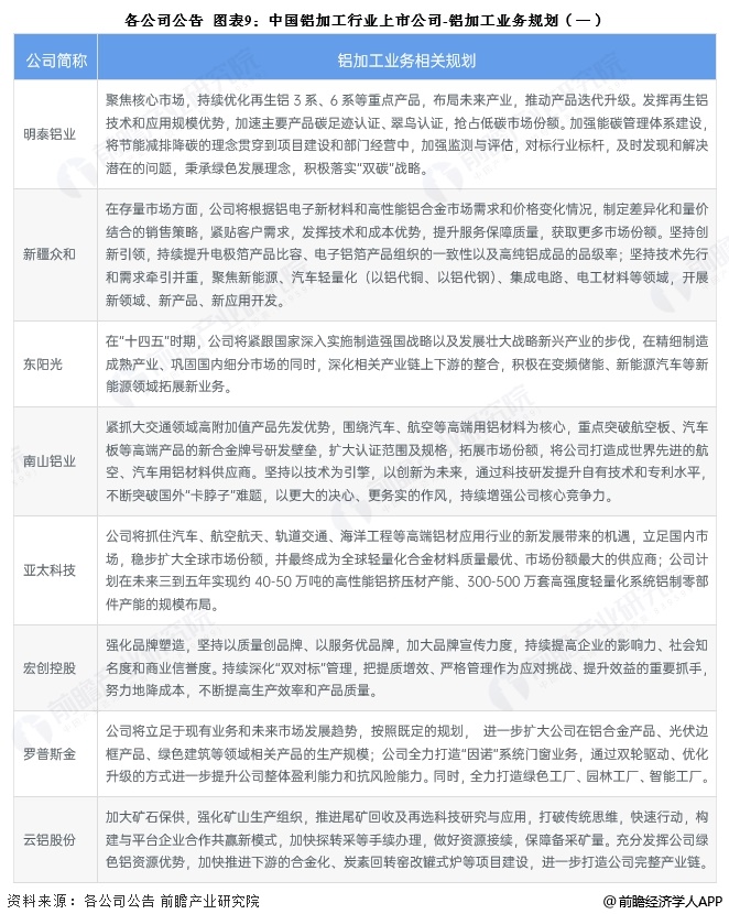 图表9：中国铝加工行业上市公司-铝加工业务规划(一)