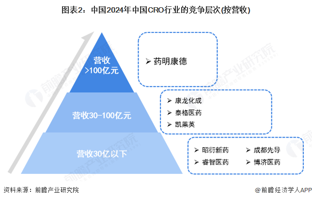图表2：中国2024年中国CRO行业的竞争层次(按营收)
