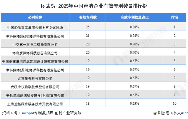 图表5：2025年中国声呐企业有效专利数量排行榜