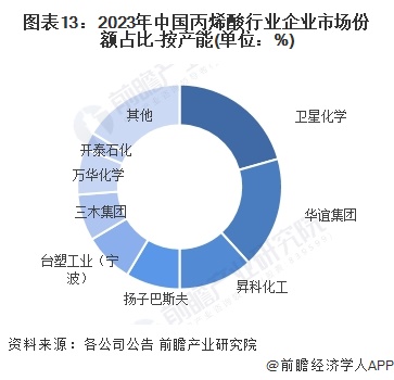 图表13：2023年中国丙烯酸行业企业市场份额占比-按产能(单位：%)