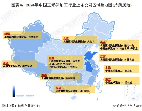  图表4：2024年中国玉米深加工行业上市公司区域热力图(按所属地)