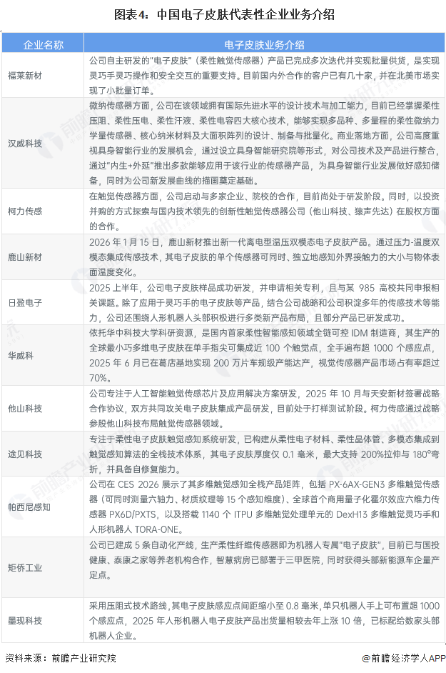 图表4：中国电子皮肤代表性企业业务介绍