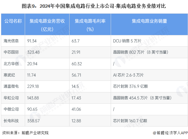图表9：2024年中国集成电路行业上市公司-集成电路业务业绩对比