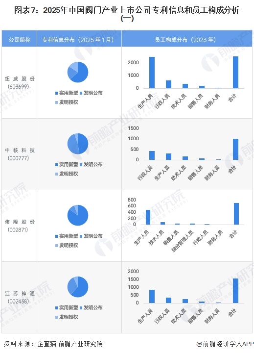 图表7：2025年中国阀门产业上市公司专利信息和员工构成分析(一)