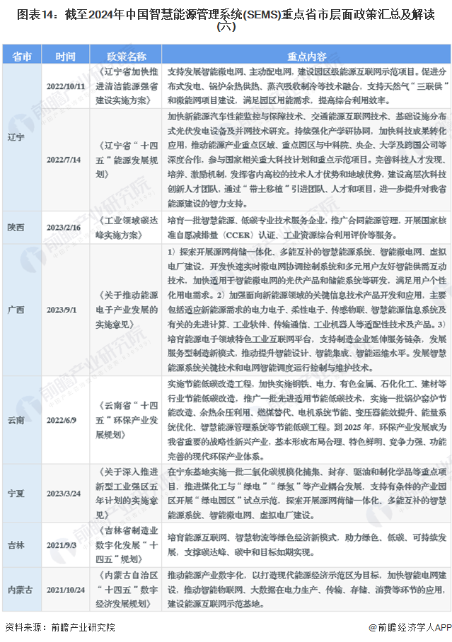 图表14：截至2024年中国智慧能源管理系统(SEMS)重点省市层面政策汇总及解读(六)