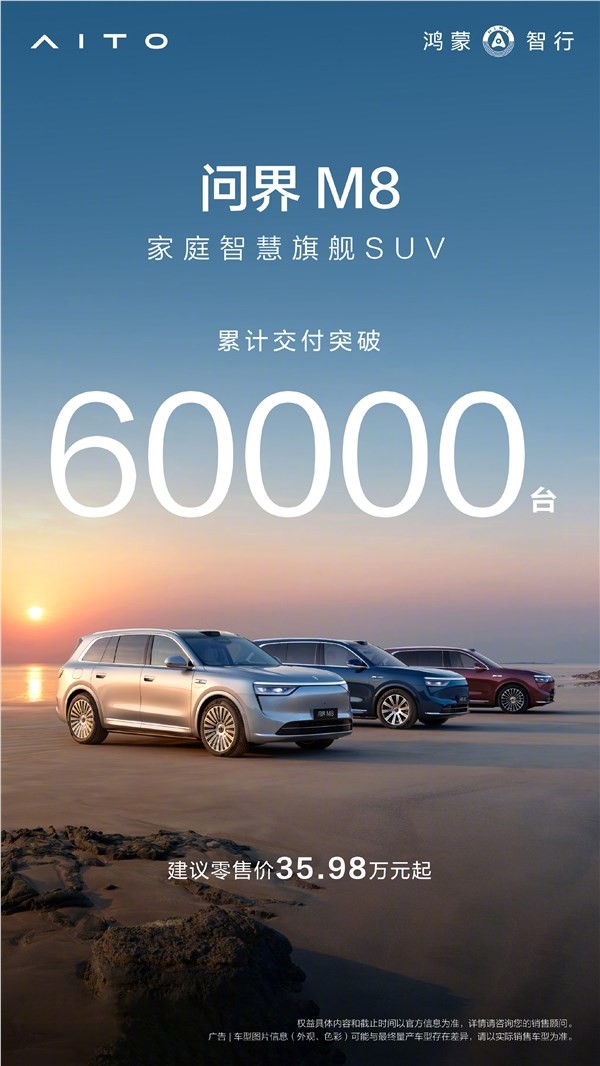 问界M8累计交付破6万辆 余承东：8月再交2万 纯电首发华为新技术