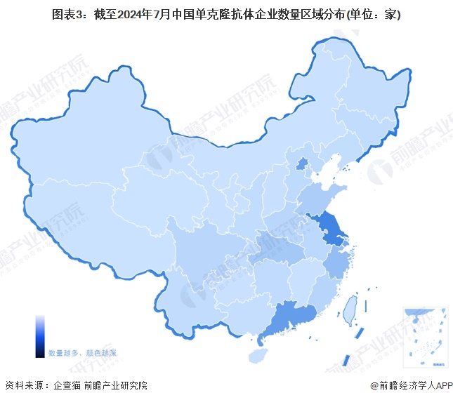 图表3：截至2024年7月中国单克隆抗体企业数量区域分布(单位：家)