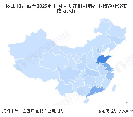 图表13：截至2025年中国医美注射材料产业链企业分布热力地图