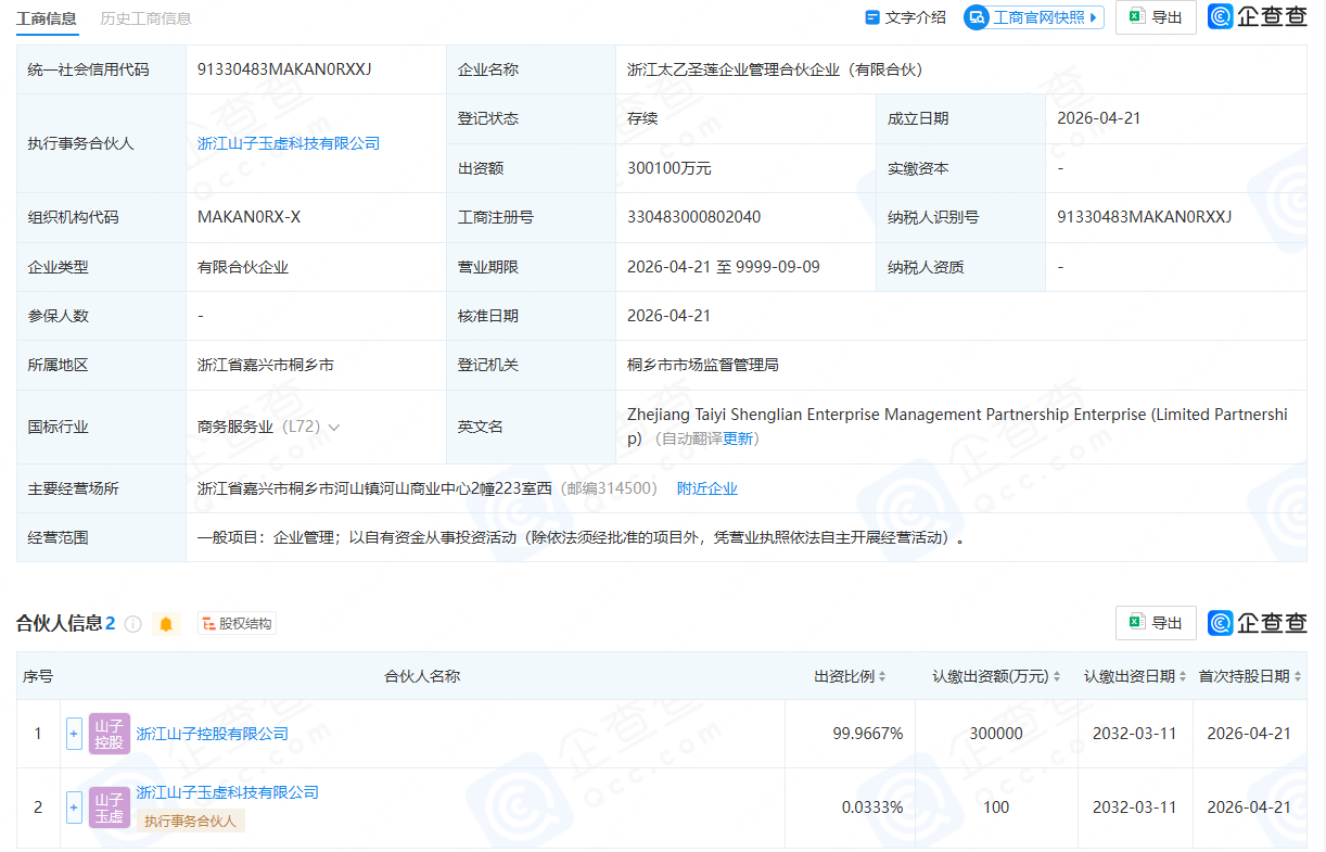 浙江太乙圣莲企业管理合伙企业（有限合伙）