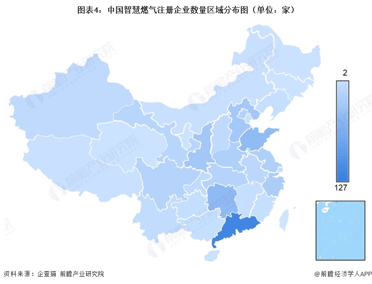 图表4：中国智慧燃气注册企业数量区域分布图（单位：家）