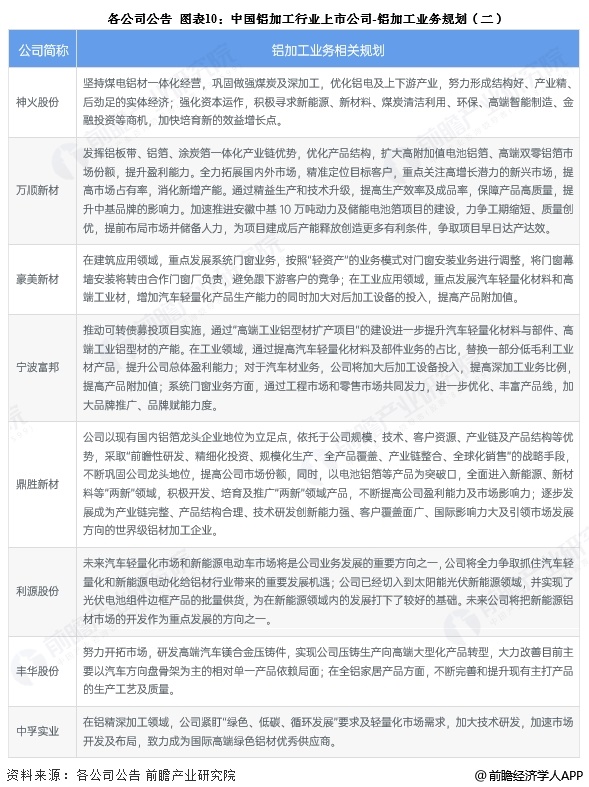 图表10：中国铝加工行业上市公司-铝加工业务规划(二)