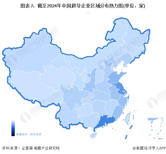 图表7：截至2024年中国超导企业区域分布热力图(单位：家)