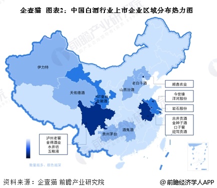 图表2：中国白酒行业上市企业区域分布热力图