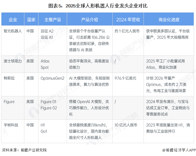 图表5：2025全球人形机器人行业龙头企业对比