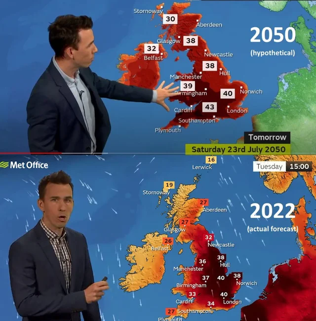 英国2022年的天气状况和预测的2050年天气状况对比图