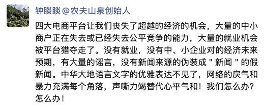 钟睒睒炮轰四大电商平台：让更多的人失业、中小经营户的周扒皮