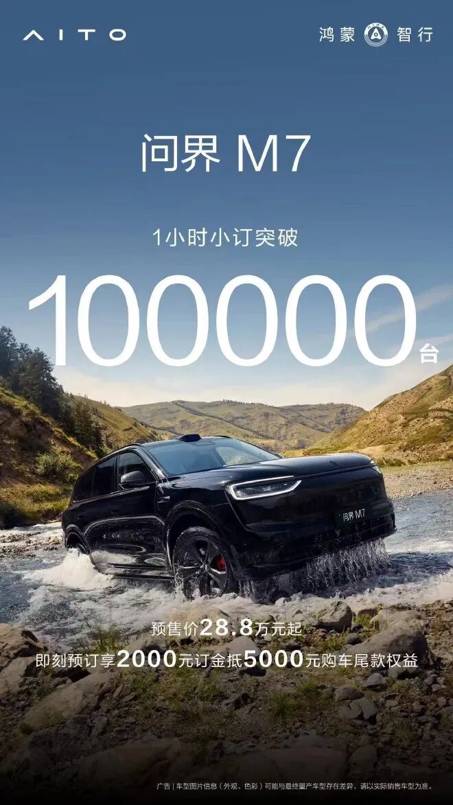 全新问界M7开启小订 1小时订单突破10万台